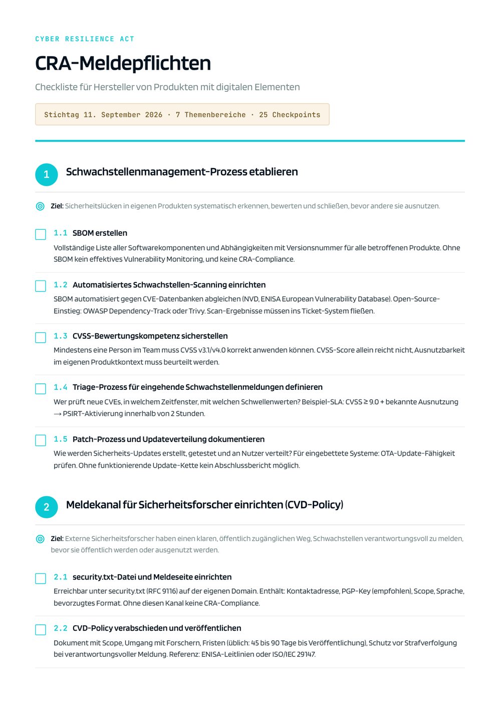 Vorschau der CRA-Checkliste: nummerierte Themenbereiche mit je einer Zielzeile und darunter den einzelnen Checkpoints zum Abhaken.